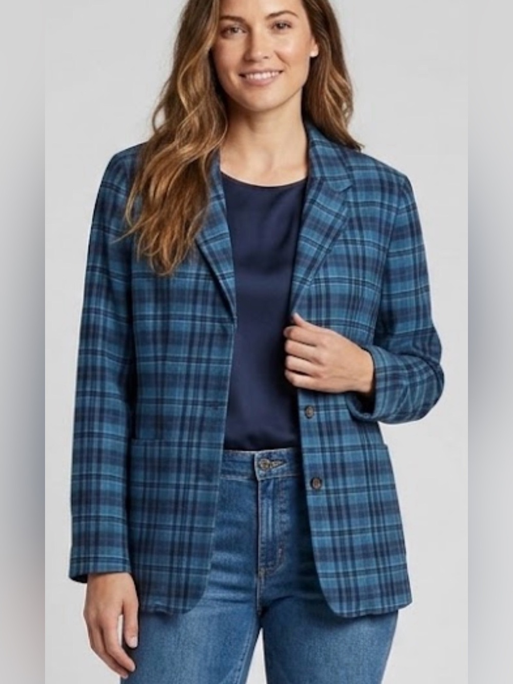 VTG Eddie Bauer‎ Blazer M Blue Plaid 100% Cotton Poetcore Preppy Fall Heritage